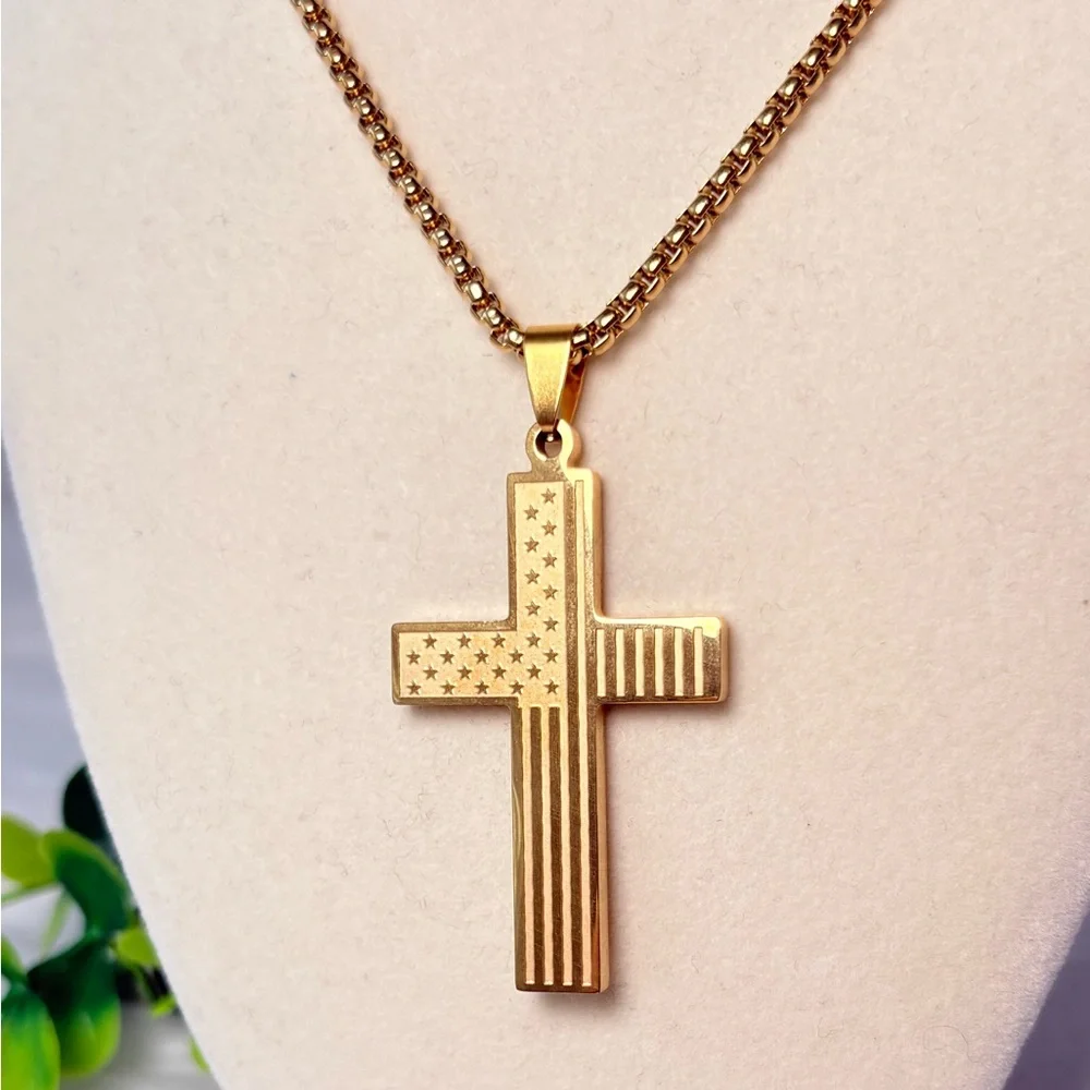 Gold Cross With American Flag‎ Necklace